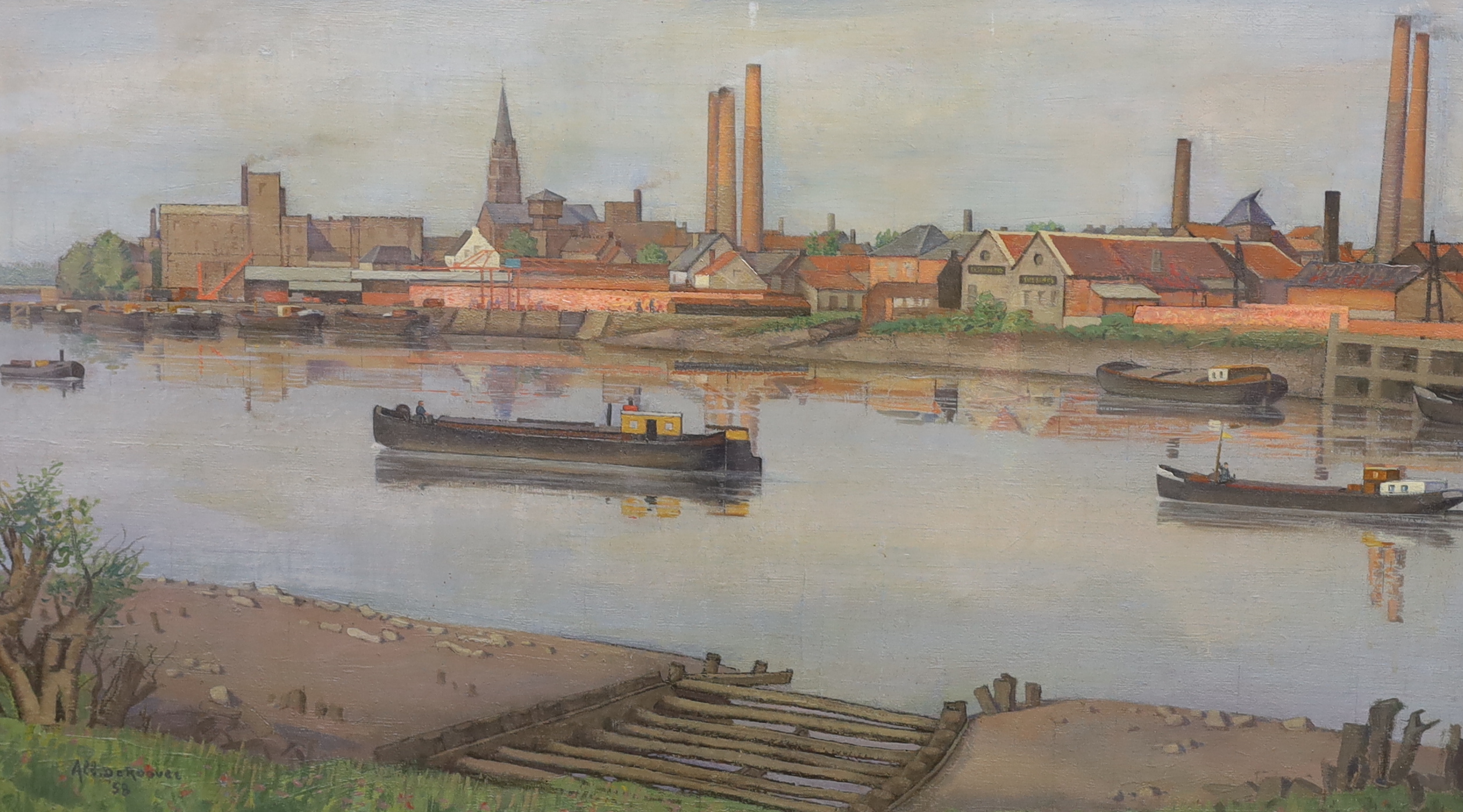 Albert De Roover (Belgian, 1892-1978), oil on canvas, Belgian harbour scene, signed and dated '58, 45 x 79cm